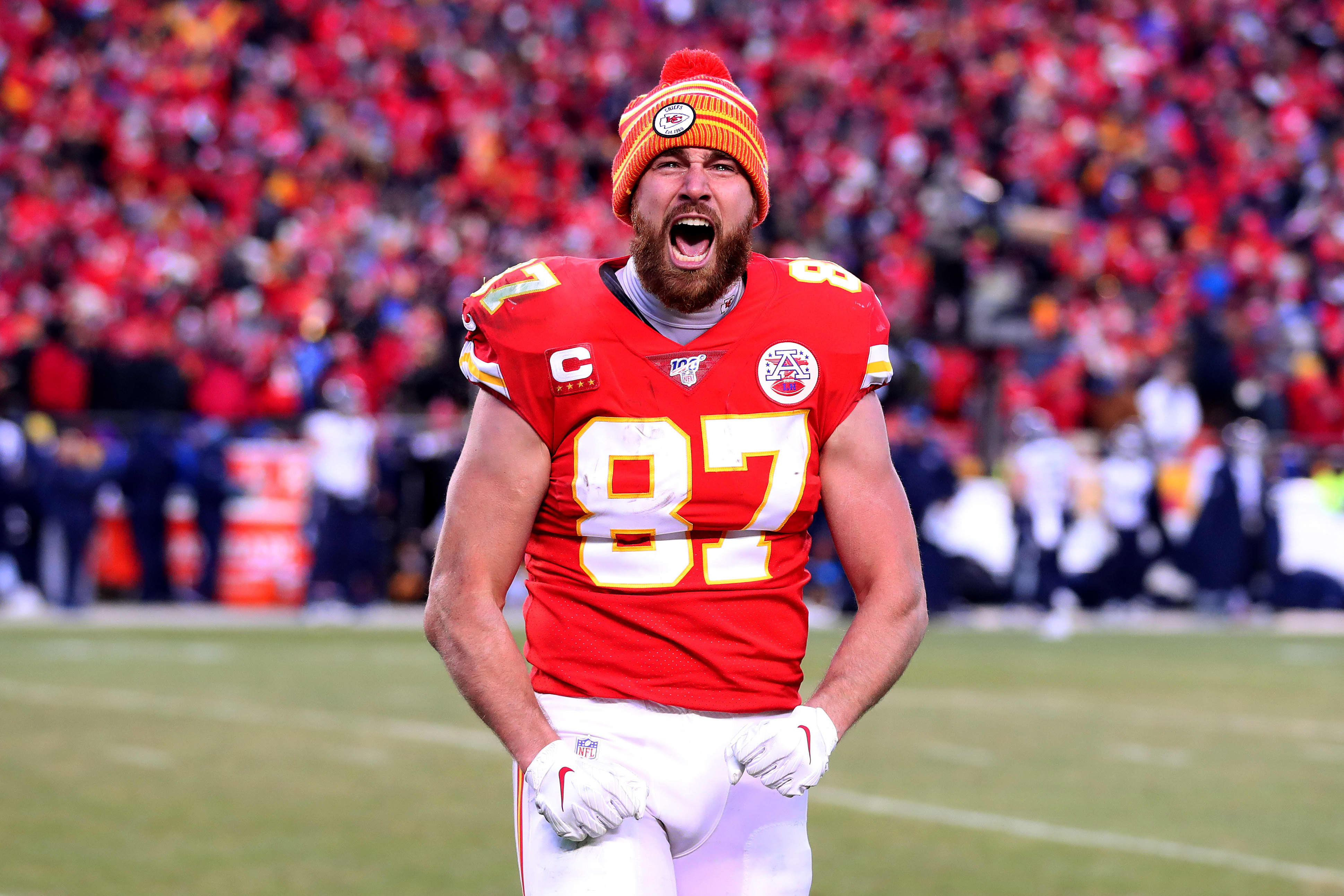 Travis Kelce reacts late in the game against the Tennessee Titans in the AFC Championship Game on January 19, 2020.