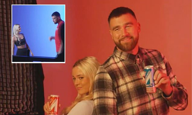 Travis Kelce teams up with Livvy Dunne for Accelerator Energy shoot as Chiefs star admits he is 'living the dream' amid Taylor Swift romance and Super Bowl glory | Daily Mail Online