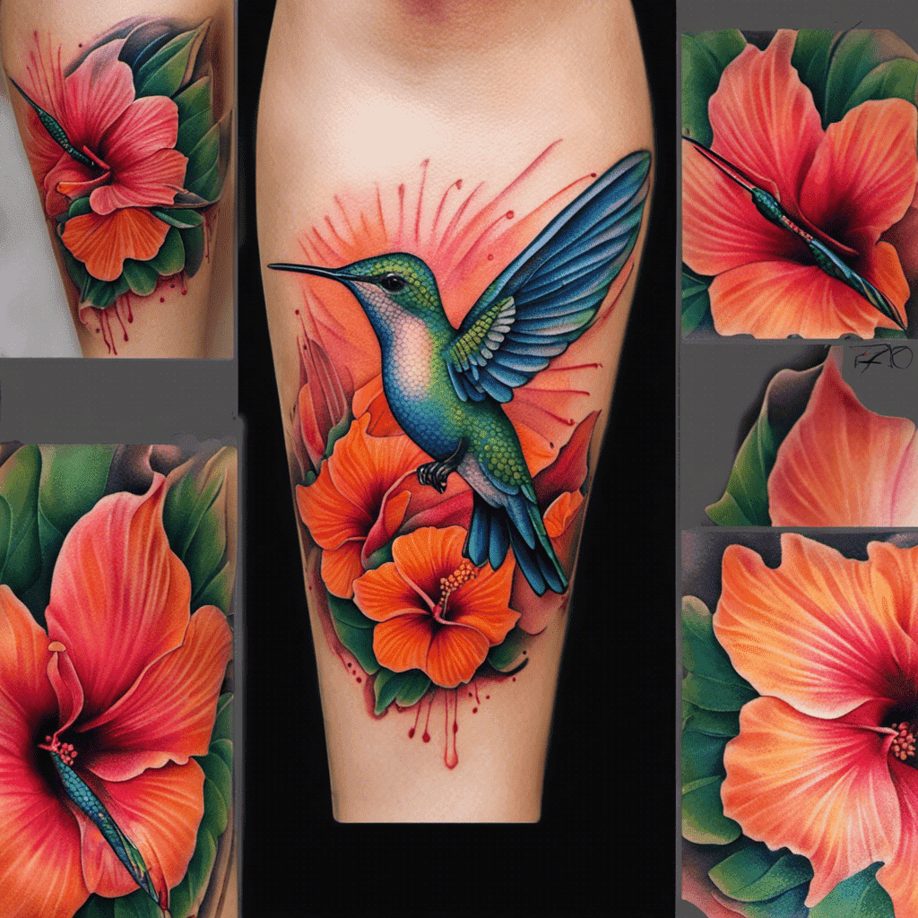 Colorful tattoo on skin depicting a vibrant hummingbird mid-flight amid bright orange hibiscus flowers with green foliage.