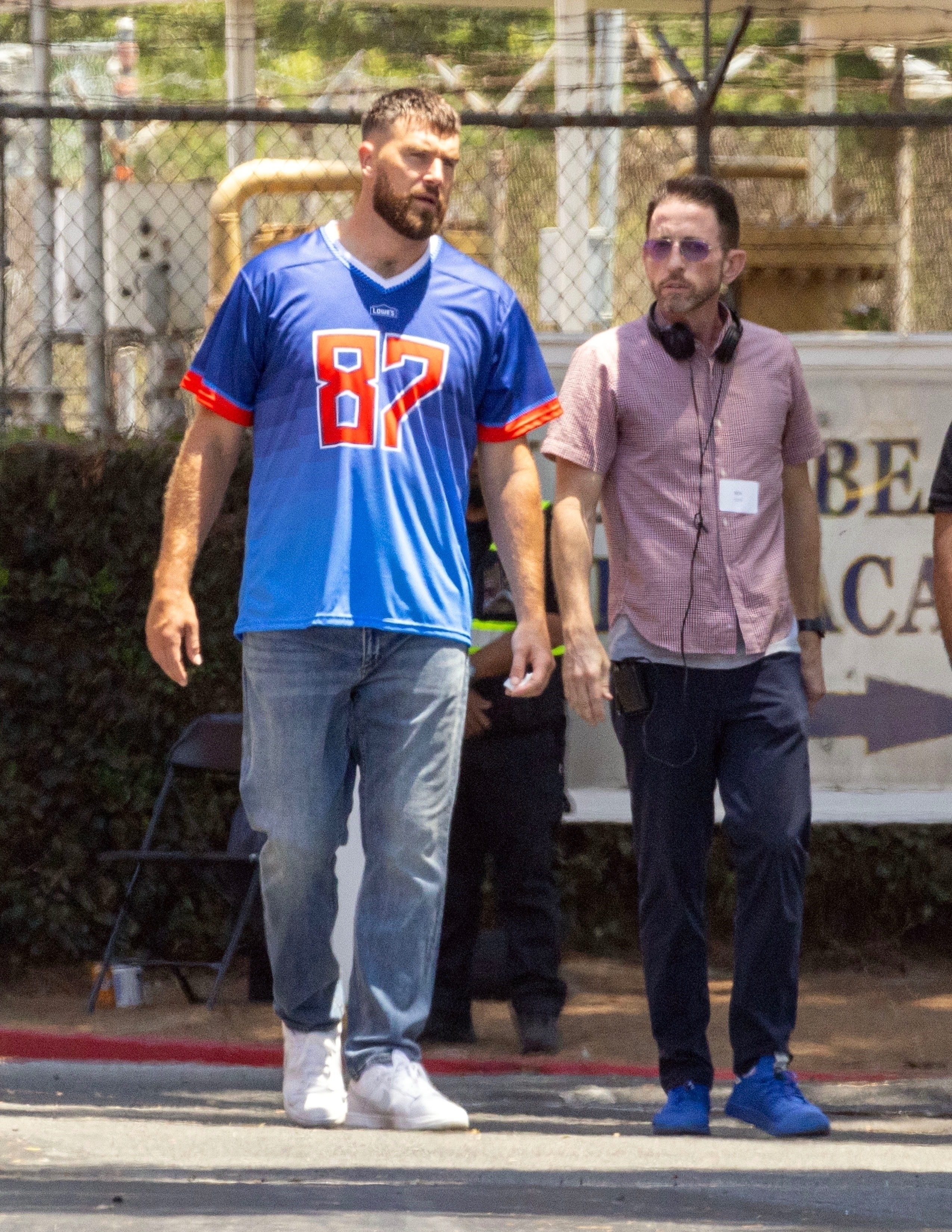 Kelce was seen with San Francisco 49ers star Christian McCaffrey (not pictured) filming the ad