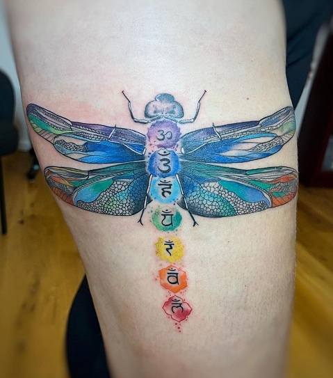 Dragonfly Chakra Leg Tattoo