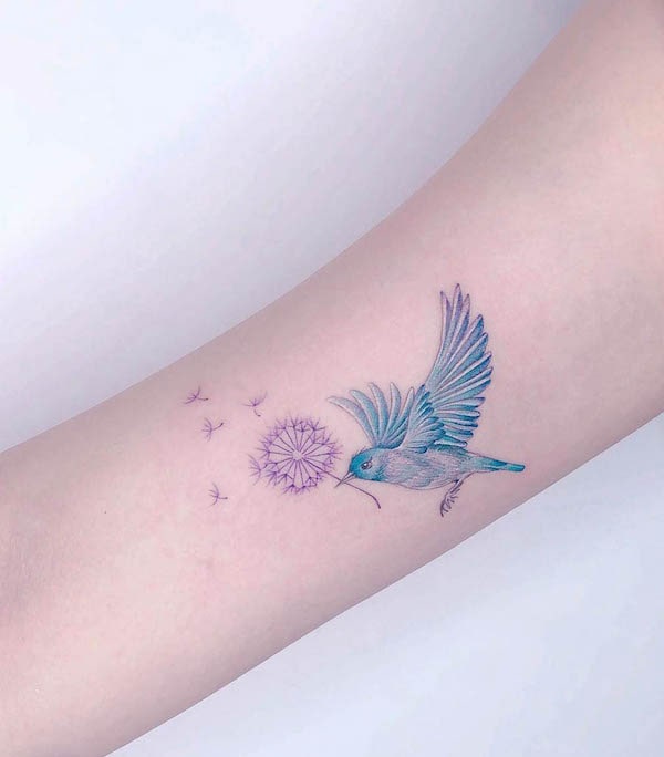 Dandelion and bird tattoo by @bel_tattoo