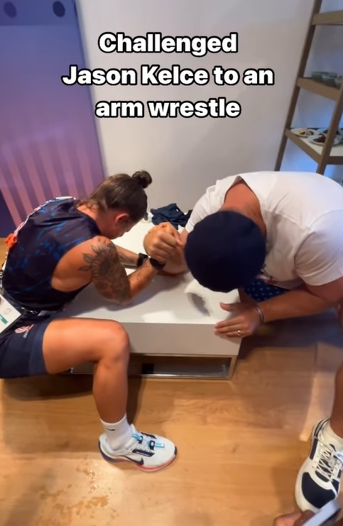 Jason Kelce arm wrestles USA Rugby player