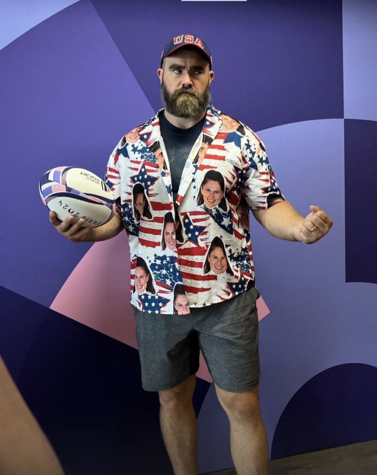 Jason Kelce supports the women’s Olympics rugby team in Paris by wearing a shirt with Ilona Maher’s face