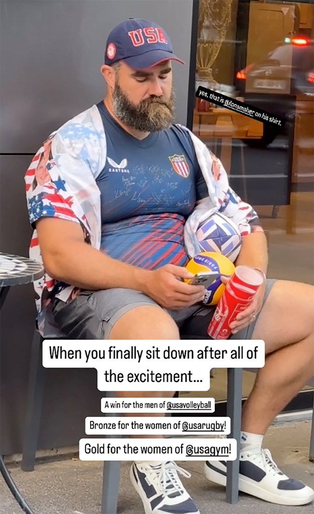 Jason Kelce supports the women’s Olympics rugby team in Paris by wearing a shirt with Ilona Maher’s face