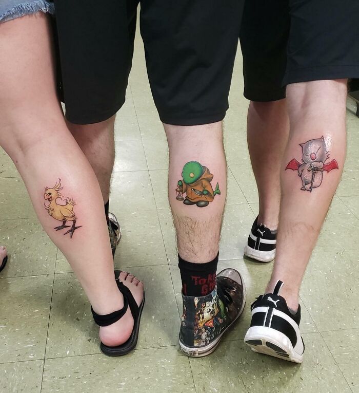 Cartoon inspired watercolor shin tattoos