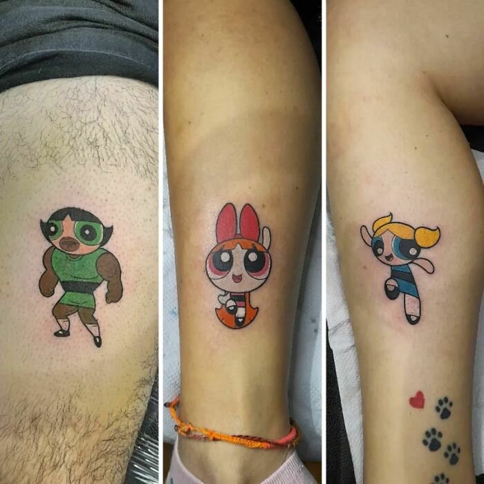 Colorful 'The Powerpuff Girls' in action tattoos